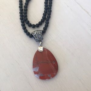 2 Str. Black Beads Necklace w/Red Jasper Pendant